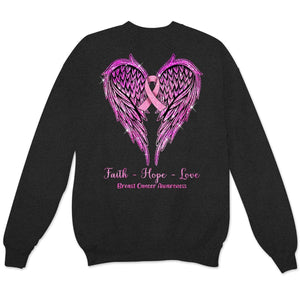 Faith Hope Love With Wings Heart & Ribbon, Breast Cancer Long Sleeve Shirts