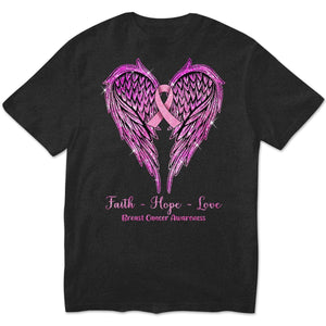 Faith Hope Love With Wings Heart & Ribbon, Breast Cancer Long Sleeve Shirts