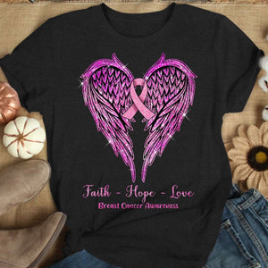 Faith Hope Love With Wings Heart & Ribbon, Breast Cancer Long Sleeve Shirts