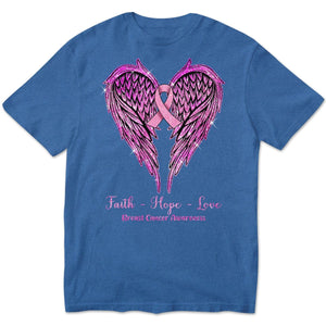 Faith Hope Love With Wings Heart & Ribbon, Breast Cancer Long Sleeve Shirts