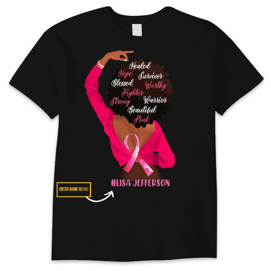 Mujer luchadora fuerte con lazo rosa, camisetas personalizadas contra el cáncer de mama