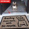 Bulldog Lives Here With His People Personalized Doormat