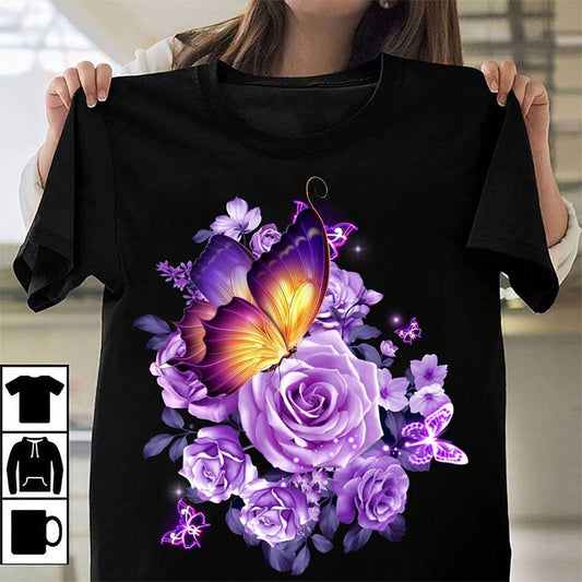 Camisetas con flores y mariposas moradas