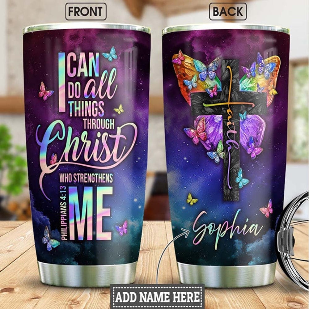 Todo lo puedo en Cristo Vaso personalizado con forma de mariposa