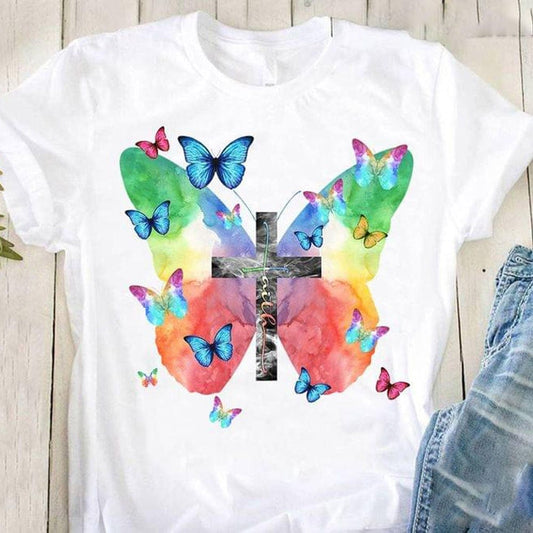 Camisetas con mariposas y cruz cristiana de fe