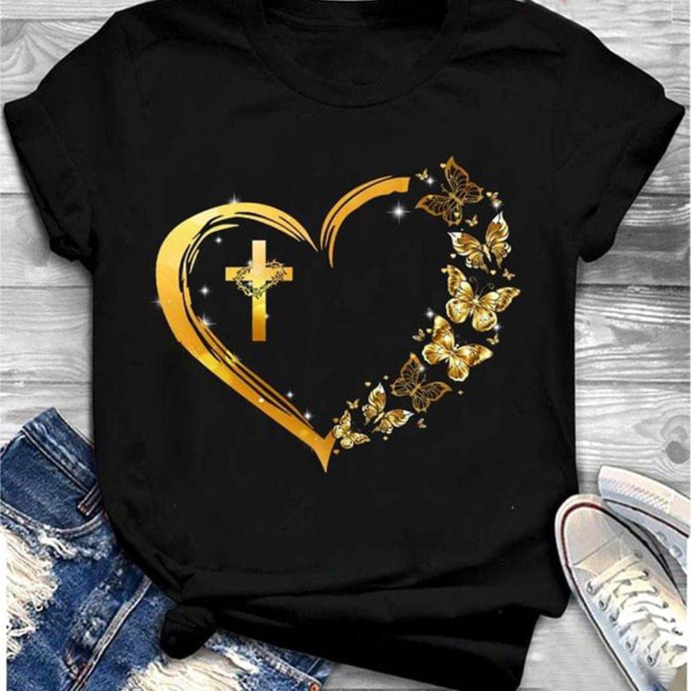 Christian Cross With Heart Butterfly Shirts