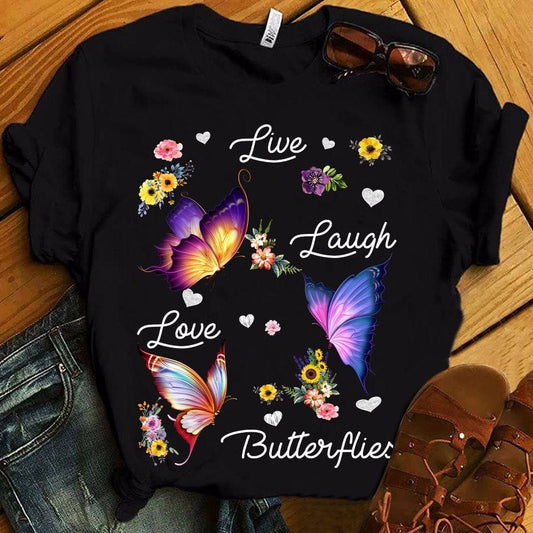 Camisetas con la frase Vive, ríe, ama y mariposa