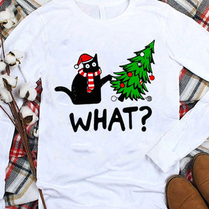 ¿Qué? Camiseta navideña con diseño de gato y árbol de Navidad