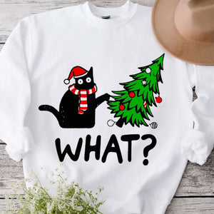 ¿Qué? Camiseta navideña con diseño de gato y árbol de Navidad