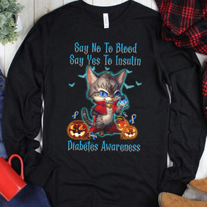 Di no a la sangre, di sí a la insulina, sudadera con capucha y camiseta con diseño de gato y diabetes para Halloween