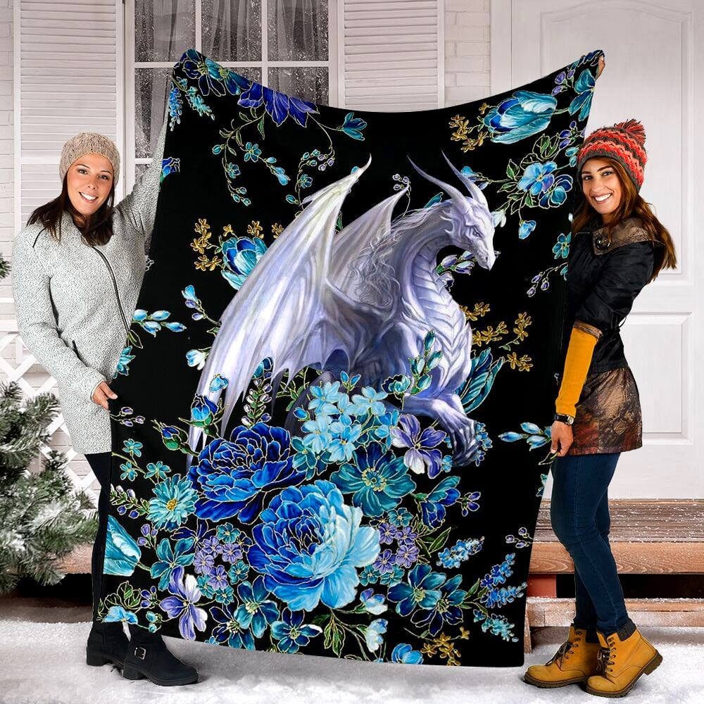 Manta de vellón y sherpa con diseño de dragón blanco y flores