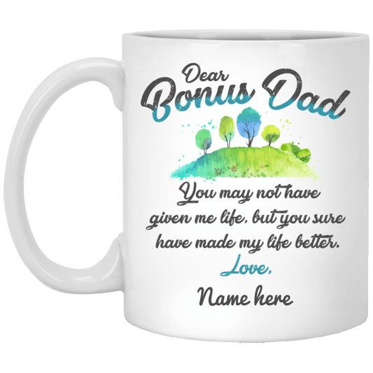 Taza personalizada para el día del padre con texto "Querido papá extra, padrastro"