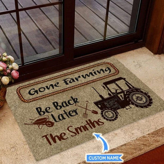 Felpudo personalizado de granjero "Gone Farming Be Back Later"