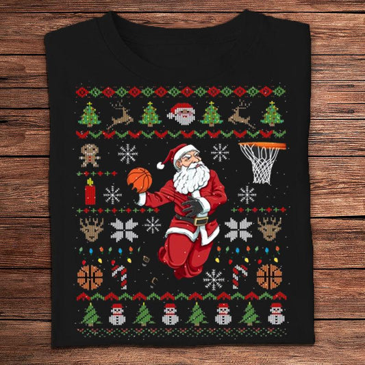 Divertidas y feas camisetas navideñas de baloncesto de Papá Noel