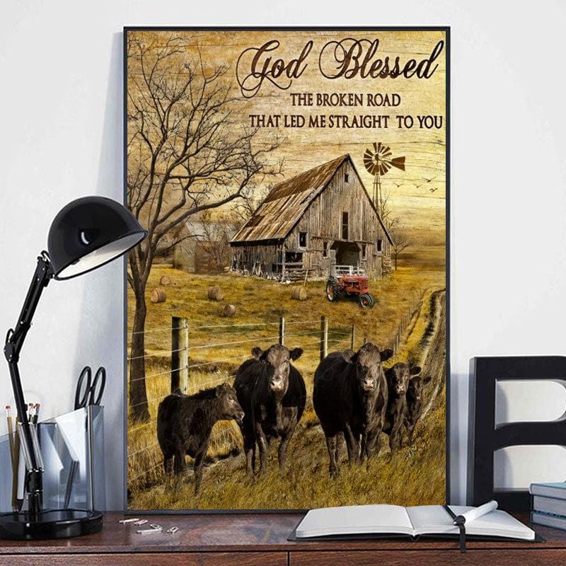 God Blessed The Broken Road That Let Me Straight To You Black Angus Cow Poster, Canvas