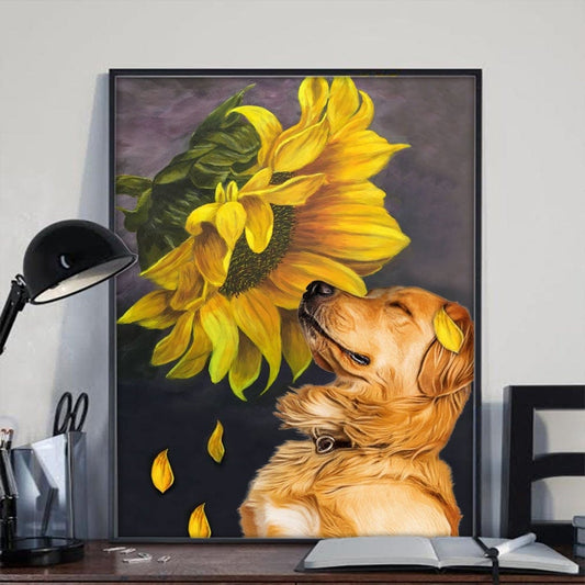 Póster de girasol y golden retriever, lienzo