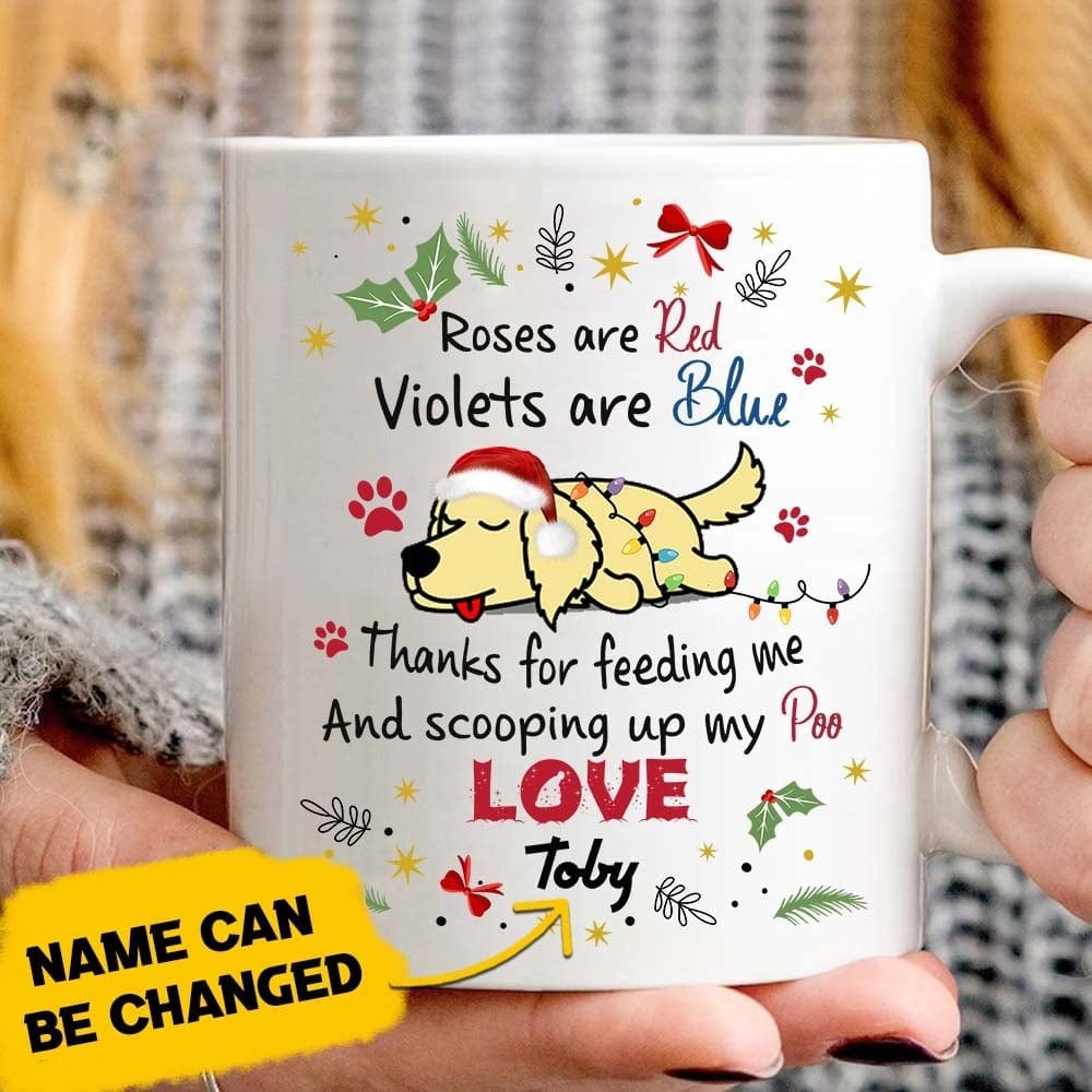 Taza personalizada con texto "Gracias por alimentarme" con motivo de Golden Retriever