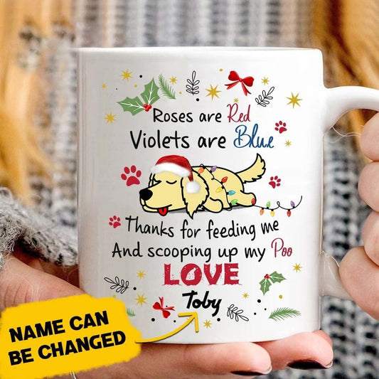 Taza personalizada con texto "Gracias por alimentarme" con motivo de Golden Retriever