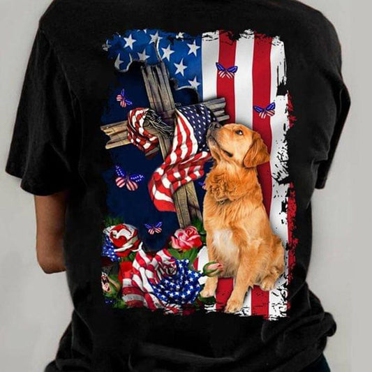 Camisetas de Golden Retriever con bandera estadounidense y cruz
