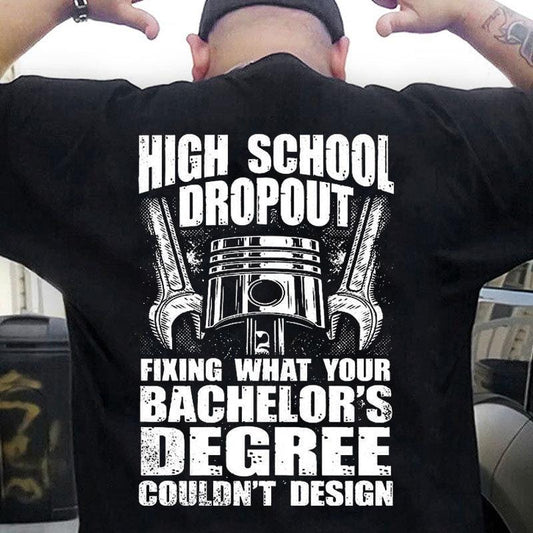 Abandonó la escuela secundaria y solucionó lo que su licenciatura no pudo Diseñar camisetas de mecánico
