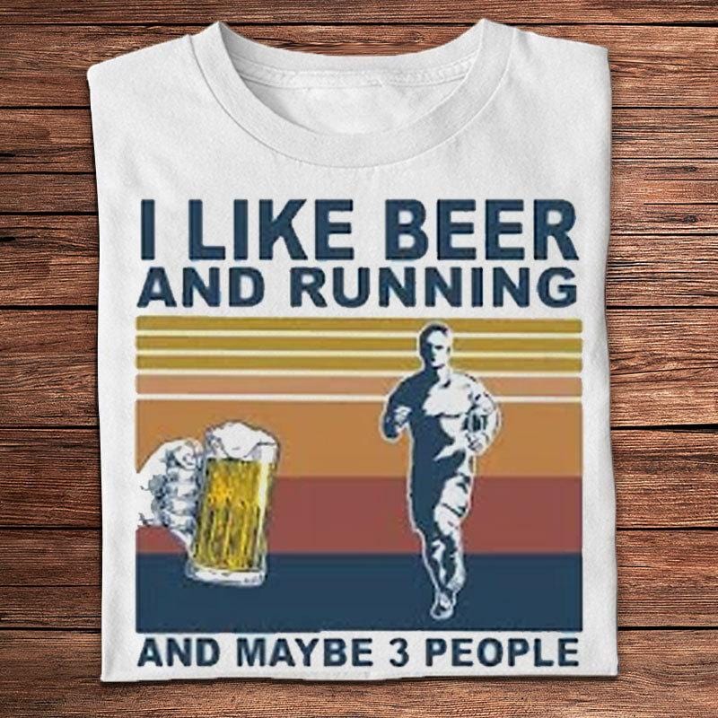 Me gusta la cerveza y correr y quizás 3 personas Camisetas vintage