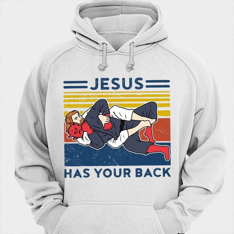 Camisetas vintage de Jiu Jitsu con el mensaje "Jesús te respalda"