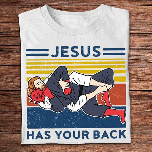 Camisetas vintage de Jiu Jitsu con el mensaje "Jesús te respalda"