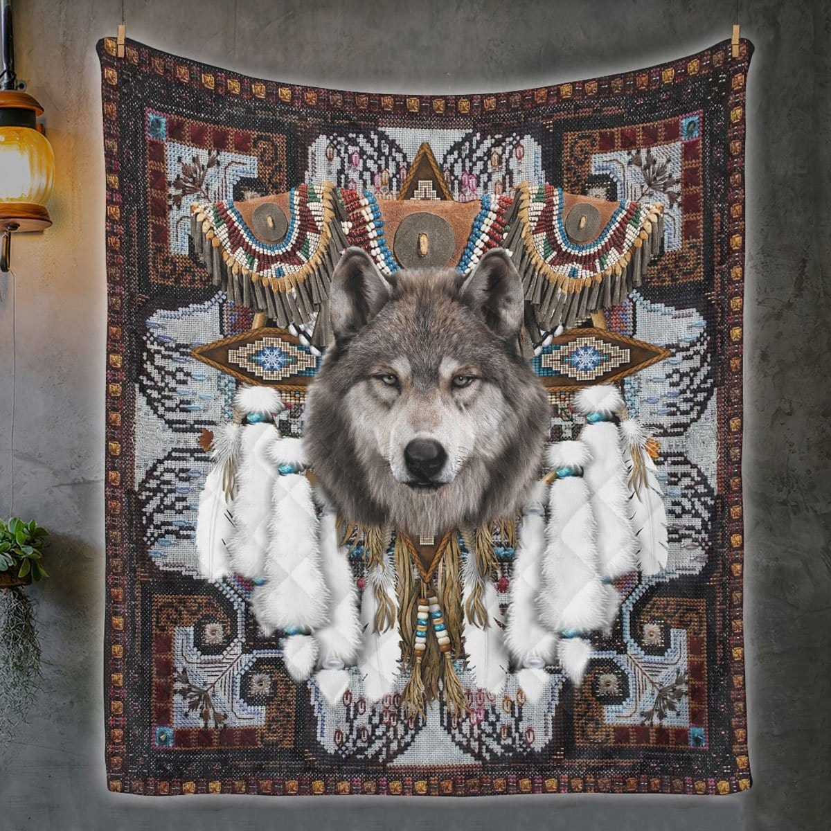 Manta, vellón y sherpa con diseño de lobo nativo americano