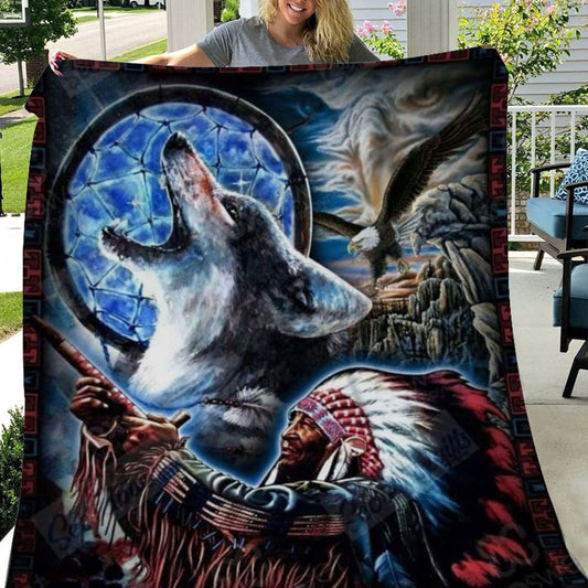 Manta, vellón y sherpa con diseño de lobo indio nativo americano