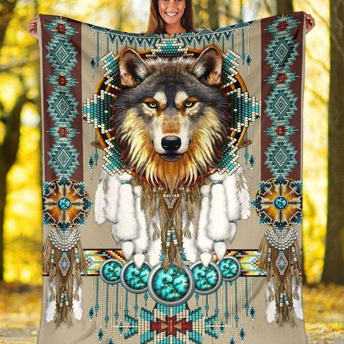 Native American Wolf Blanket, Fleece & Sherpa