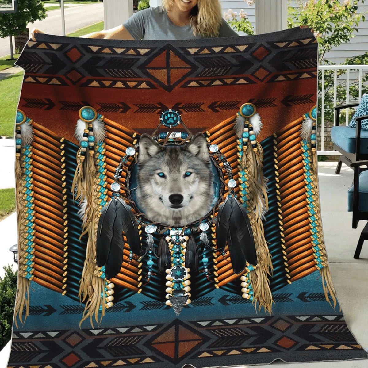 Wolf Native American Blanket, Fleece & Sherpa