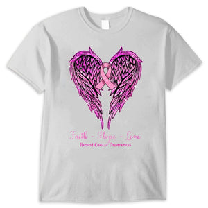 Faith Hope Love Wings Heart And Ribbon Breast Cancer Survivor Awareness Shirt