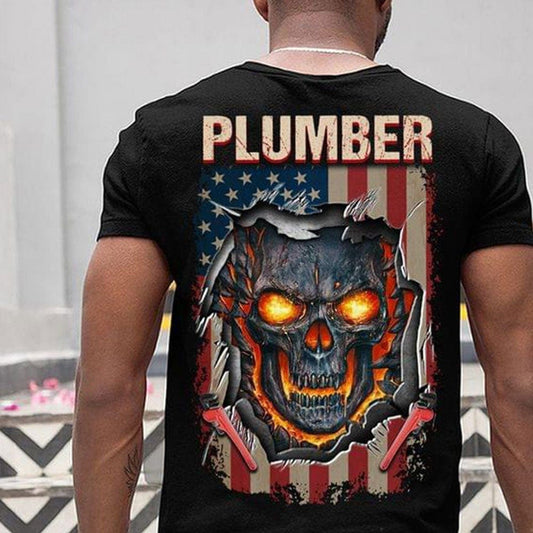 Camisetas de fontanero con bandera estadounidense y calavera