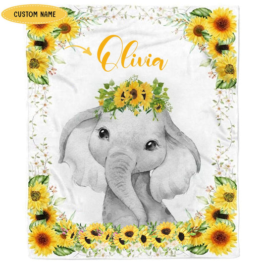 Manta de polar y sherpa con diseño de elefante y girasol personalizada