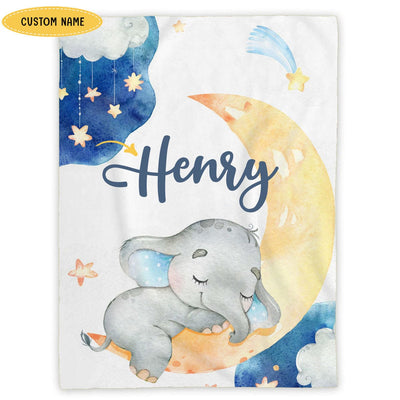 Personalized Elephant On The Moon Fleece & Sherpa Blanket