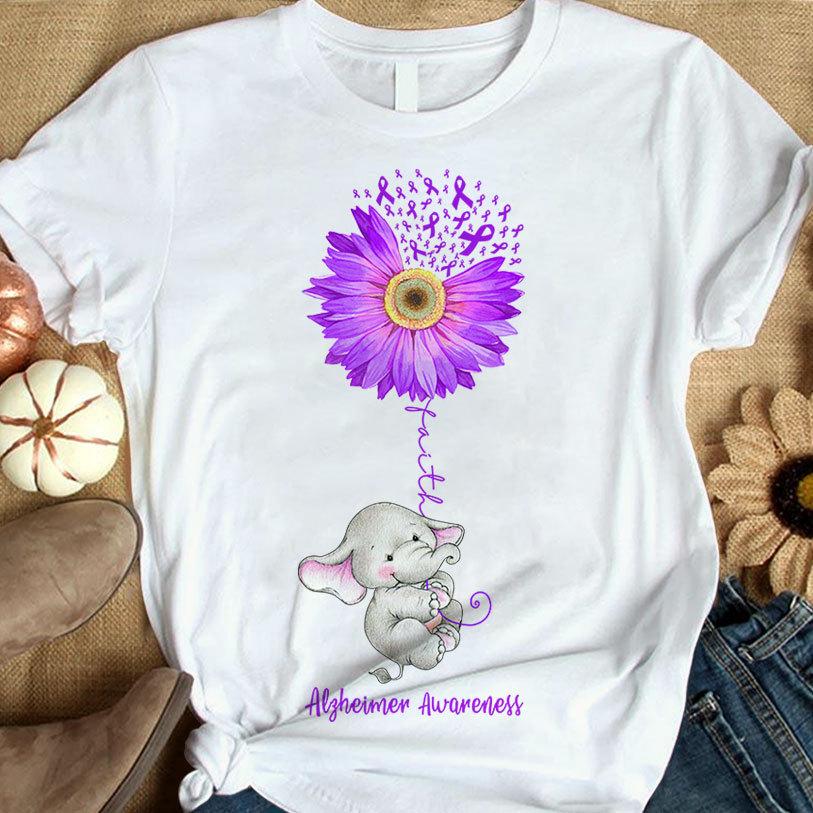 Camisetas de concienciación sobre el Alzheimer con elefante y girasol