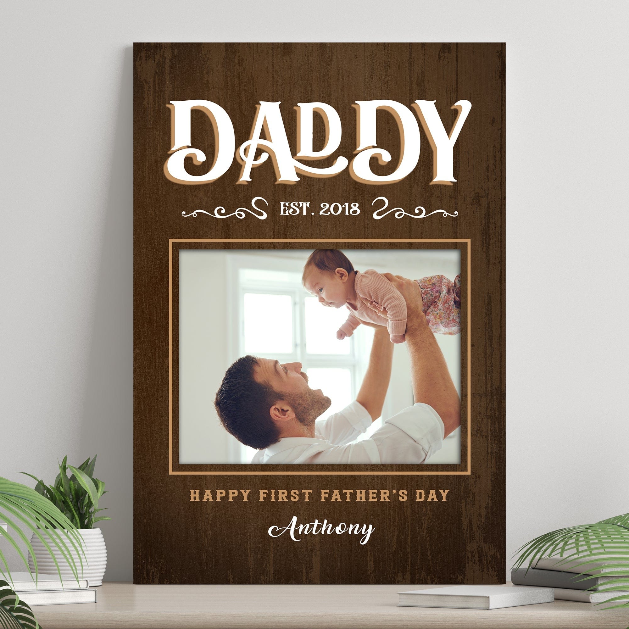 Póster personalizado del Día del Padre con el mensaje "Feliz primer día del padre", lienzo