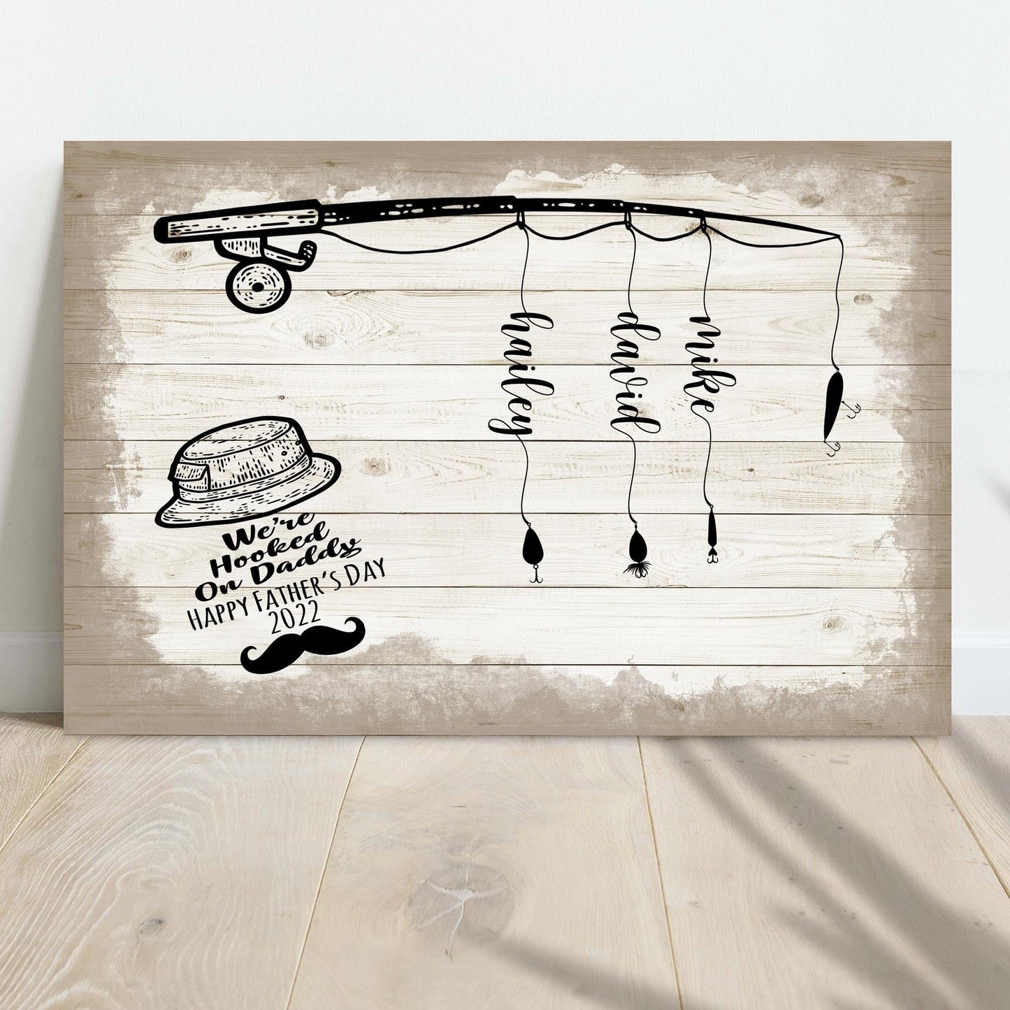 Póster personalizado para el Día del Padre con el mensaje "Somos adictos a la pesca de papá" en lienzo