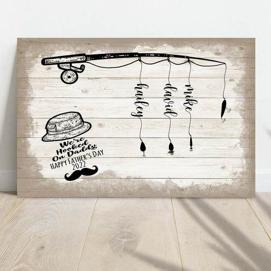 Póster personalizado para el Día del Padre con el mensaje "Somos adictos a la pesca de papá" en lienzo
