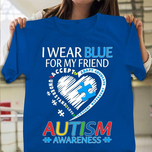 Camiseta de concienciación sobre la aceptación del autismo, "Me pongo azul por un amigo", pieza de rompecabezas en forma de corazón