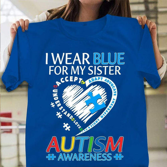 Camiseta de concienciación sobre el autismo para niños, "Me pongo azul por mi hermana", pieza de rompecabezas en forma de corazón