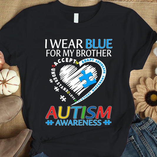 Camiseta de concienciación sobre la aceptación del autismo, "Llevo azul por mi hermano", pieza de rompecabezas en forma de corazón