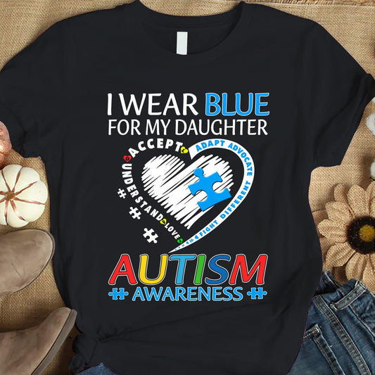 Camiseta de aceptación del autismo, me pongo azul por mi hija, pieza de rompecabezas en forma de corazón, camiseta de papá autista, camiseta de mamá autista