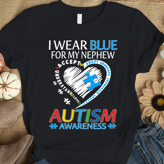 Camiseta de aceptación del autismo, "Me pongo azul por mi sobrino", pieza de rompecabezas en forma de corazón