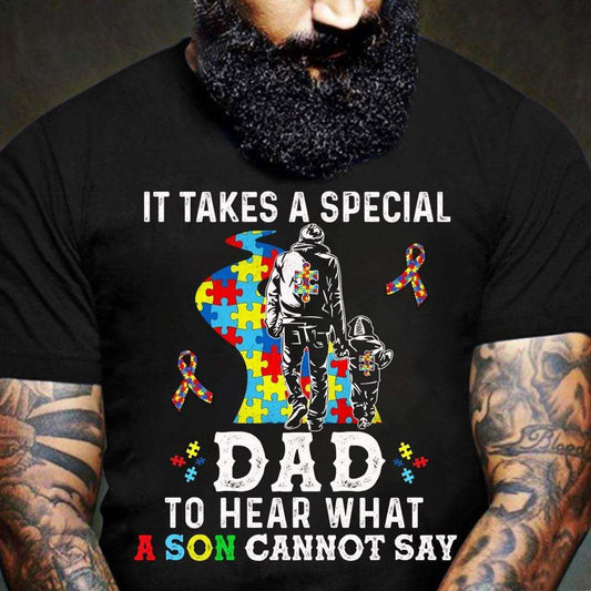 Autism Dad Shirt, It Takes Special Dad To Hear What Son Cannot Say, Puzzle Piece Road Ribbon