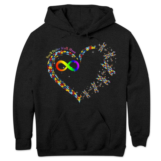 Nunca caminarás solo con la sudadera con capucha y las camisetas con diseño de corazón, libélula y arcoíris infinitos sobre autismo