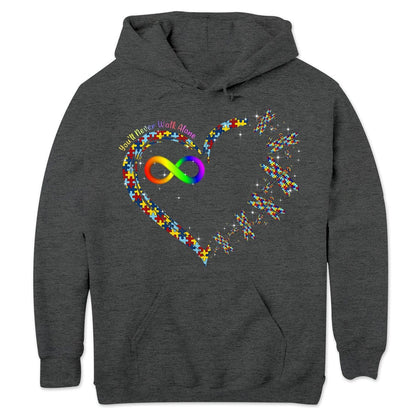Camiseta de concienciación sobre el autismo, nunca caminarás solo con una pieza de rompecabezas con forma de corazón, libélula y arcoíris infinito
