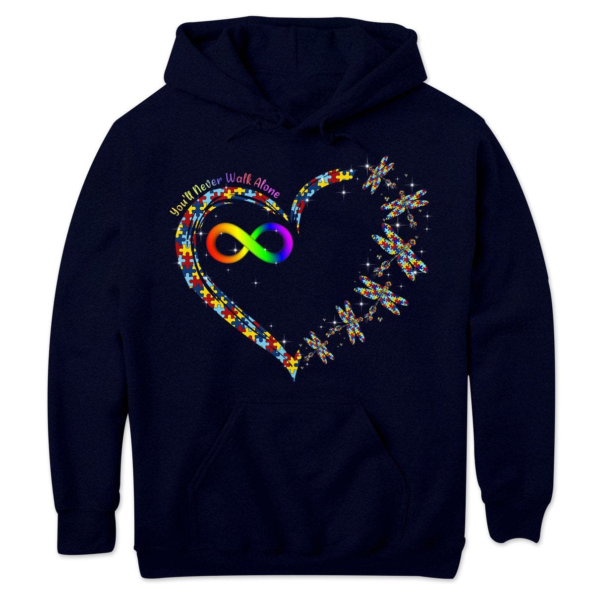 Camiseta de concienciación sobre el autismo, nunca caminarás solo con una pieza de rompecabezas con forma de corazón, libélula y arcoíris infinito