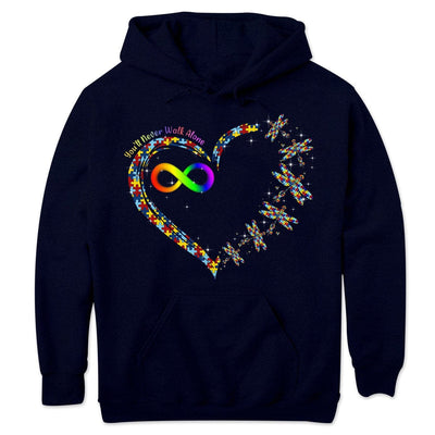 Autism Awareness T Shirt, You'll Never Walk Alone With Puzzle Piece Heart Dragonfly & Rainbow Infinity