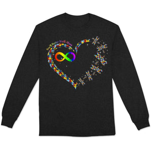 You'll Never Walk Alone With Puzzle Piece Heart Dragonfly & Rainbow Infinity Autism Hoodie, Shirts